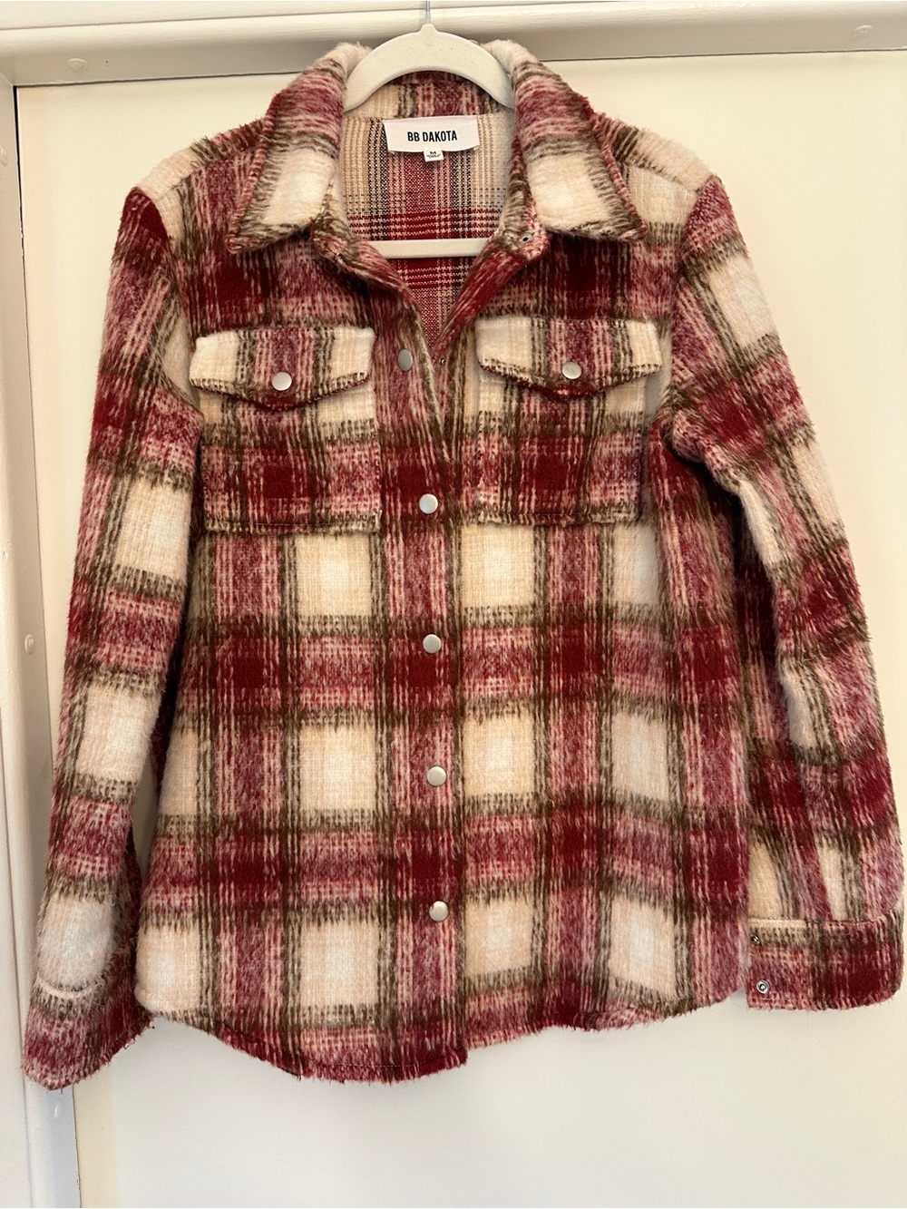 BB Dakota Burgundy and Cream Plaid Shacket